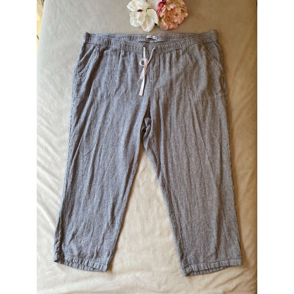 Juniper + Lime Womens Drawstring Pants 2X Gray Striped Linen Blend Comfy